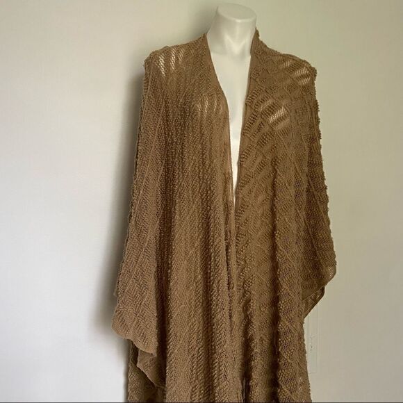 COPY - Textured Neutral Blanket Poncho Fringe Wrap Scarf - Picture 2 of 11